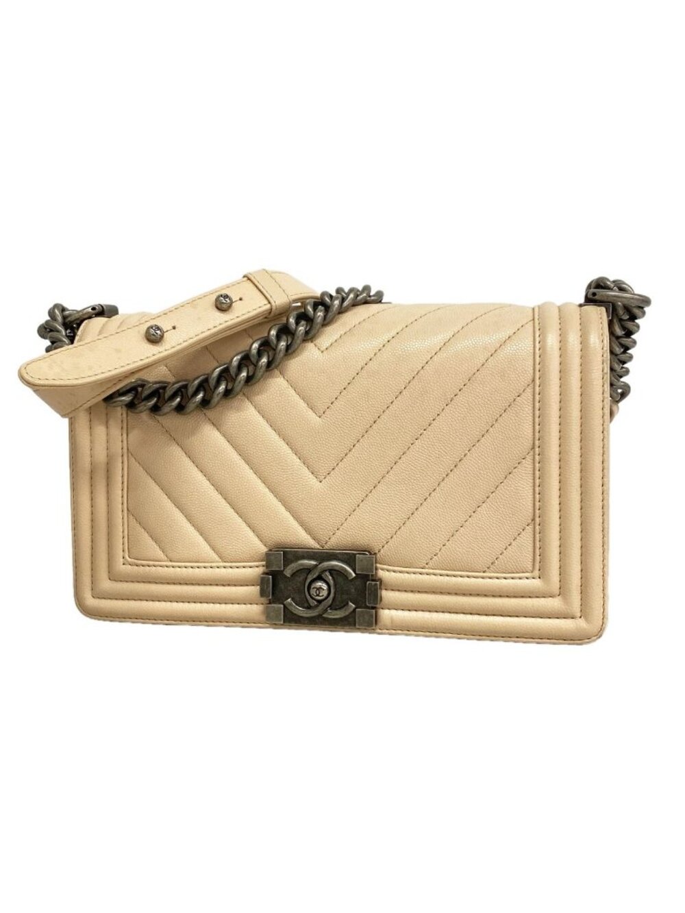 Chanel Shoulder Bag Boy Chevron Caviar Leather Beige Silver